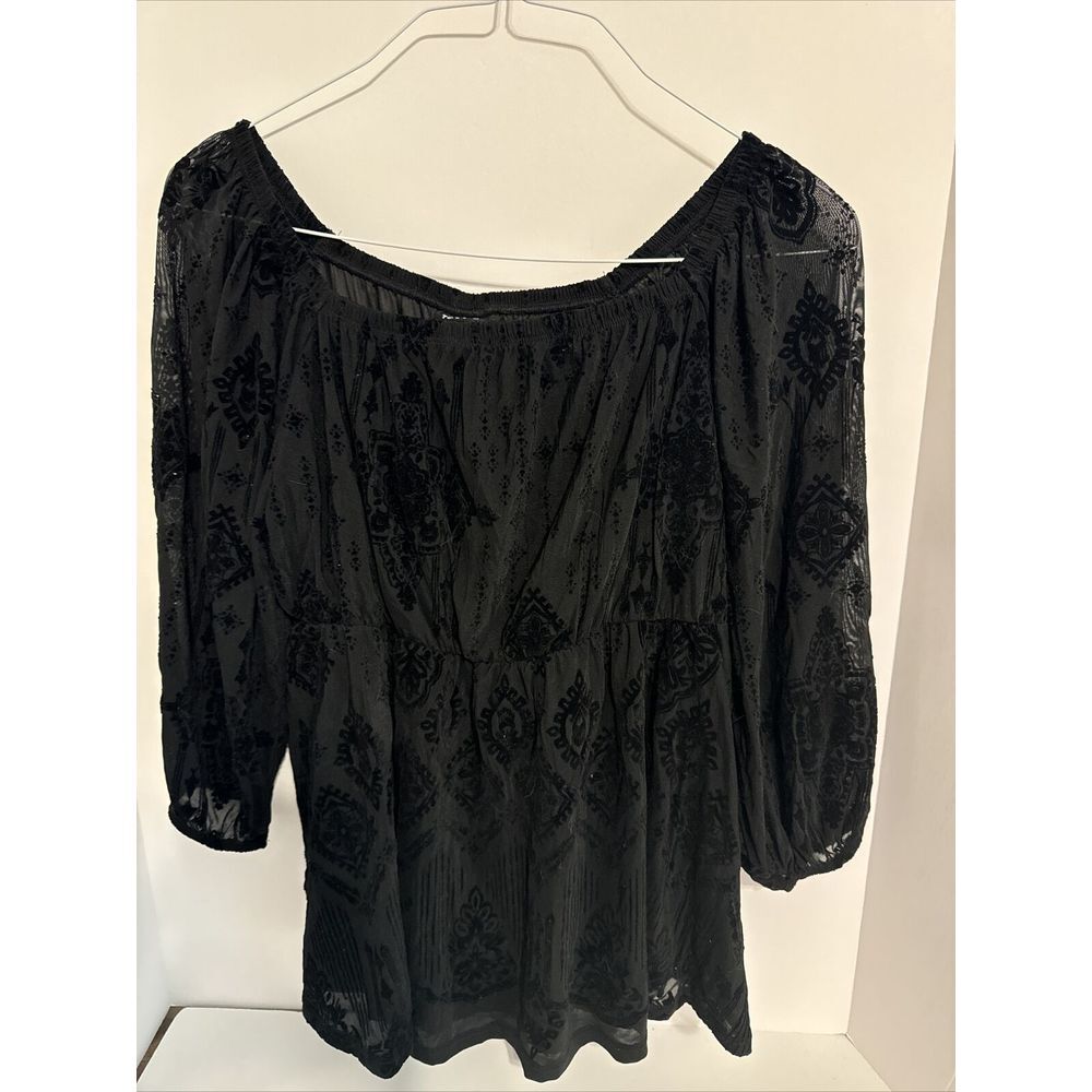 Torrid Flocked‎ Mesh Square Neck Puff Sleeve Peasant Top Black Size 0 L 12 New